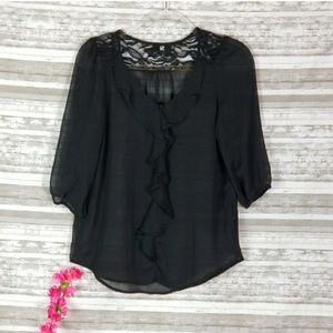 IZ Byer Sheer Black Ruffle Top W/Lace Back Panel M